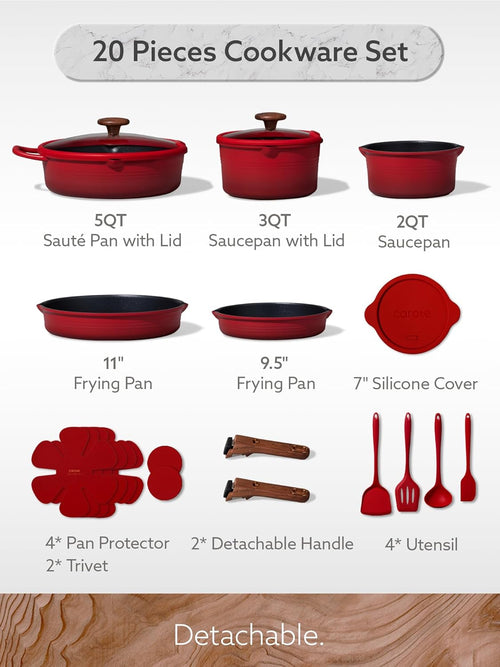 20-Piece Titanium Nonstick Cookware Set – Detachable Handle, Space-Saving Design