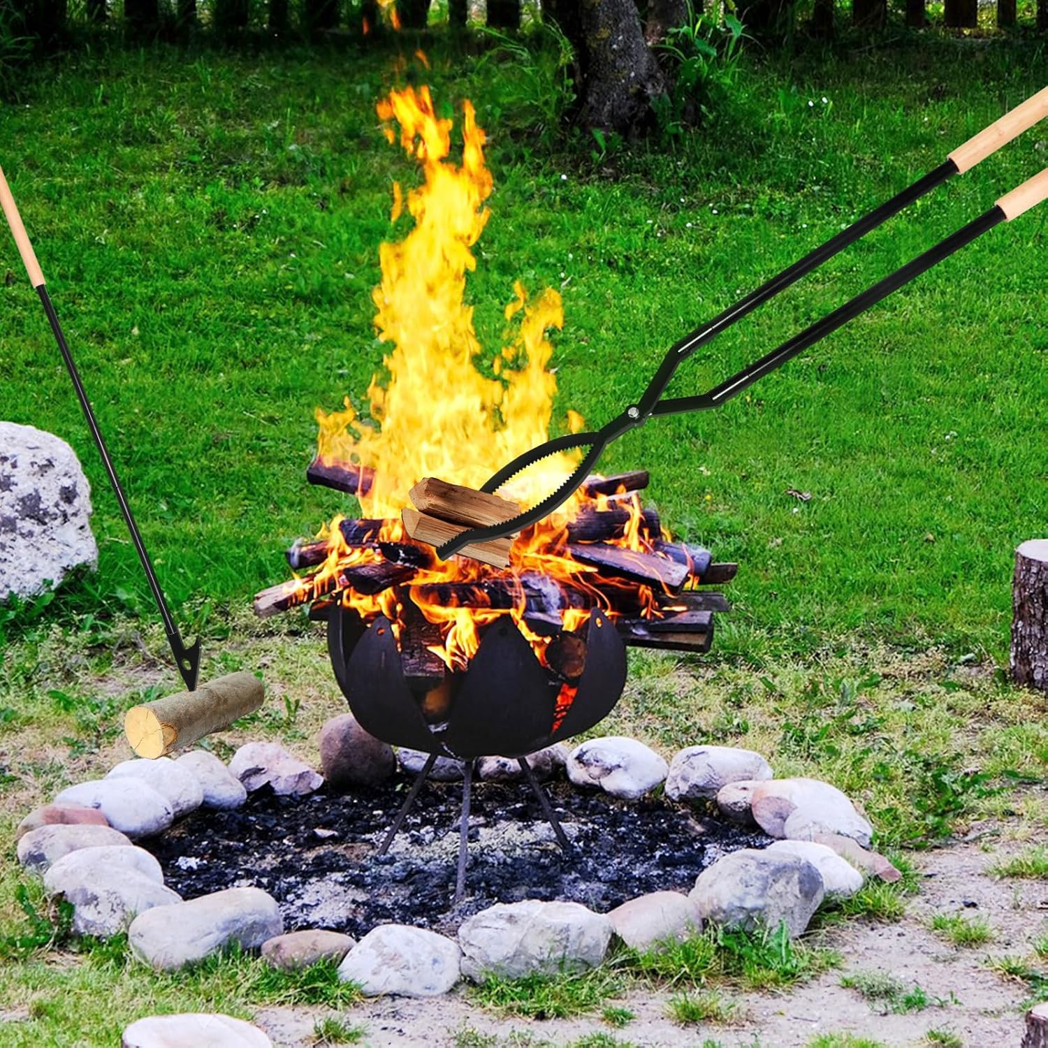 42" Fire Tongs & Fire Poker Set – Heavy-Duty Adjustable Fire Pit Tool Kit