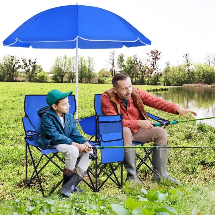 Folding Camping Chair with Detachable Umbrella & Cooler Bag – 2-in-1 Outdoor Double Seat Chair