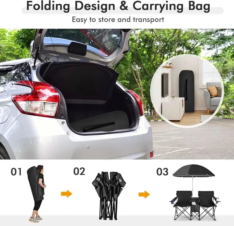 Folding Camping Chair with Detachable Umbrella & Cooler Bag – 2-in-1 Outdoor Double Seat Chair