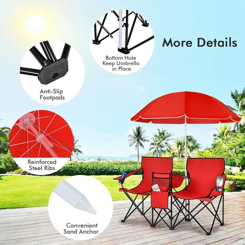 Folding Camping Chair with Detachable Umbrella & Cooler Bag – 2-in-1 Outdoor Double Seat Chair