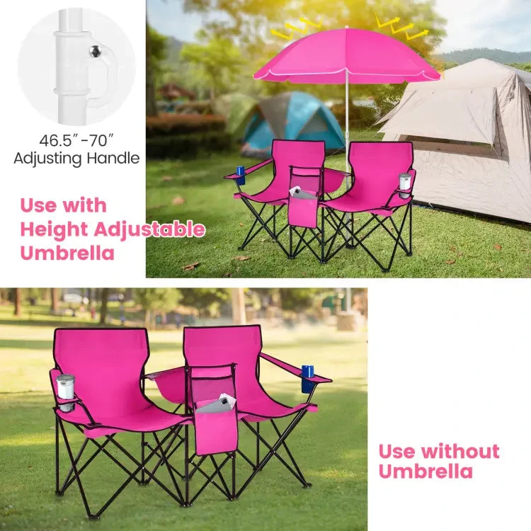 Folding Camping Chair with Detachable Umbrella & Cooler Bag – 2-in-1 Outdoor Double Seat Chair