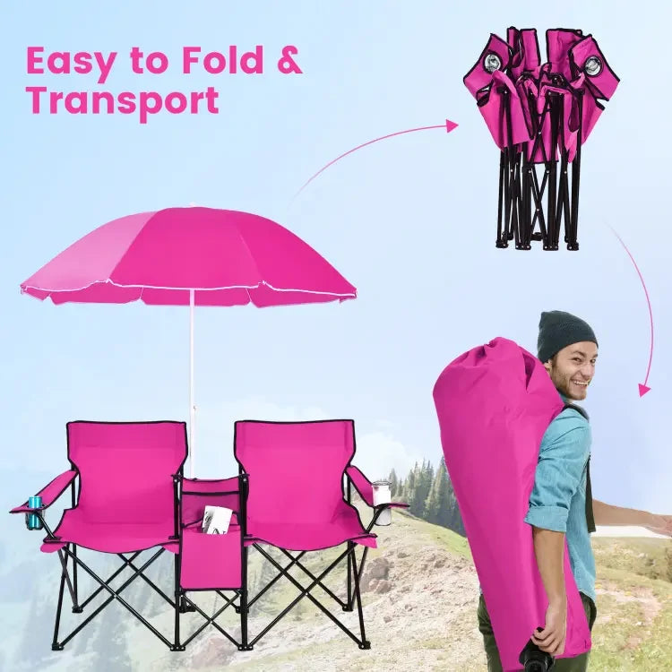 Folding Camping Chair with Detachable Umbrella & Cooler Bag – 2-in-1 Outdoor Double Seat Chair