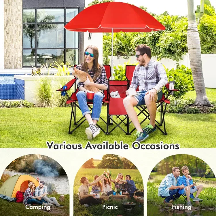 Folding Camping Chair with Detachable Umbrella & Cooler Bag – 2-in-1 Outdoor Double Seat Chair