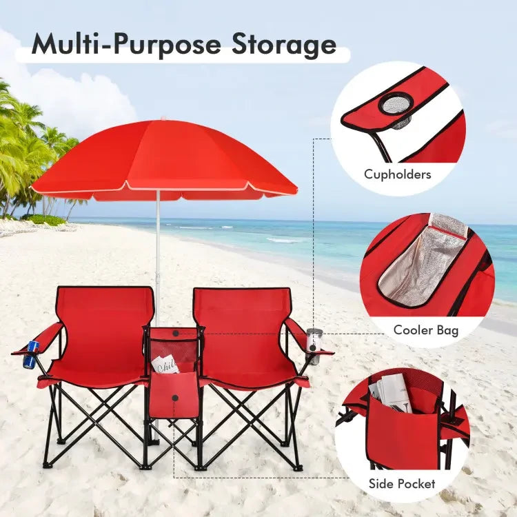 Folding Camping Chair with Detachable Umbrella & Cooler Bag – 2-in-1 Outdoor Double Seat Chair