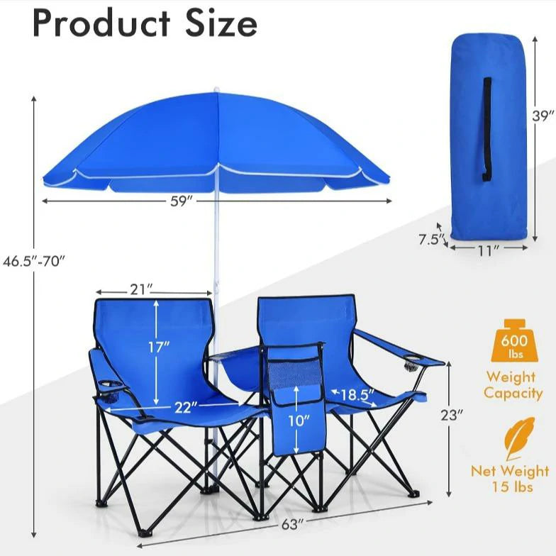 Folding Camping Chair with Detachable Umbrella & Cooler Bag – 2-in-1 Outdoor Double Seat Chair