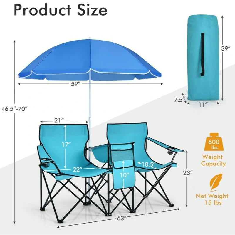 Folding Camping Chair with Detachable Umbrella & Cooler Bag – 2-in-1 Outdoor Double Seat Chair