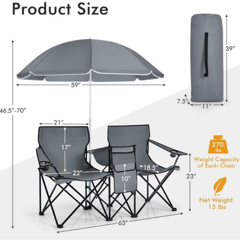 Folding Camping Chair with Detachable Umbrella & Cooler Bag – 2-in-1 Outdoor Double Seat Chair