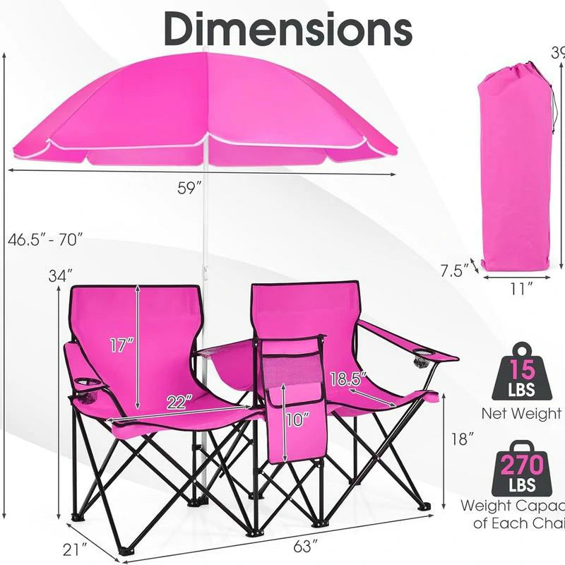 Folding Camping Chair with Detachable Umbrella & Cooler Bag – 2-in-1 Outdoor Double Seat Chair