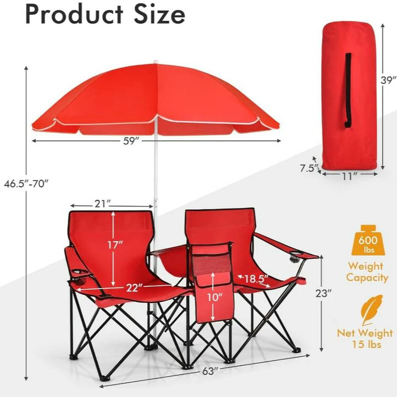 Folding Camping Chair with Detachable Umbrella & Cooler Bag – 2-in-1 Outdoor Double Seat Chair