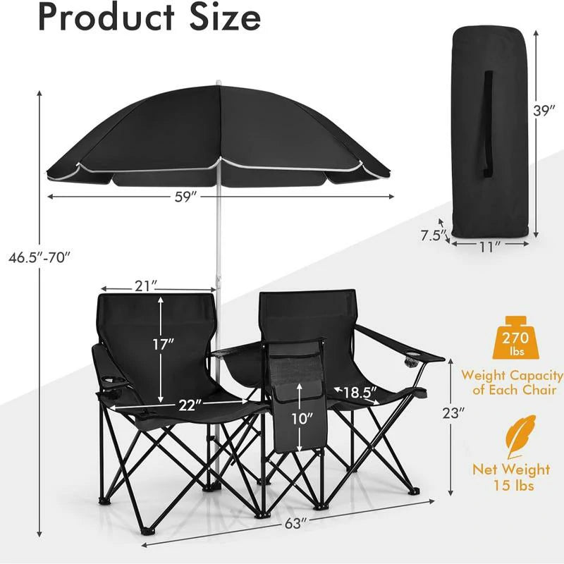 Folding Camping Chair with Detachable Umbrella & Cooler Bag – 2-in-1 Outdoor Double Seat Chair