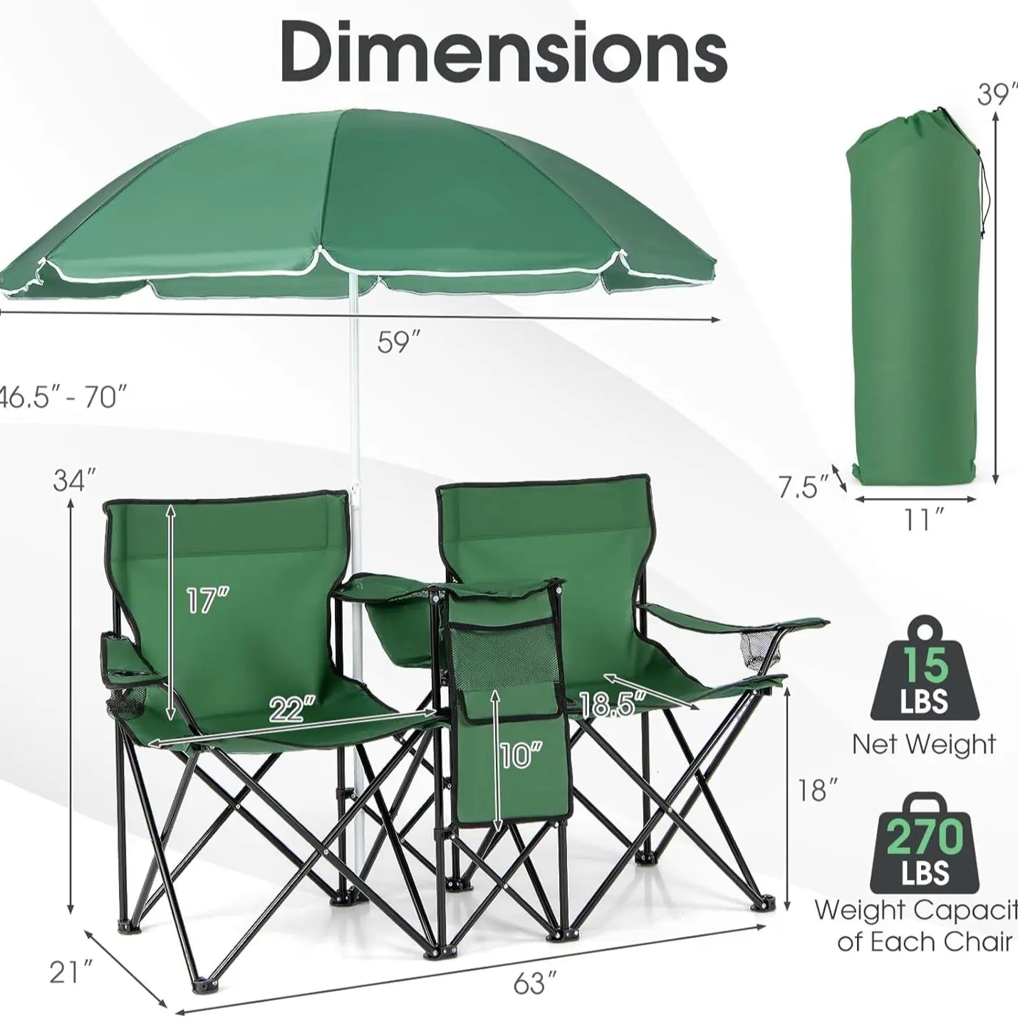 Folding Camping Chair with Detachable Umbrella & Cooler Bag – 2-in-1 Outdoor Double Seat Chair